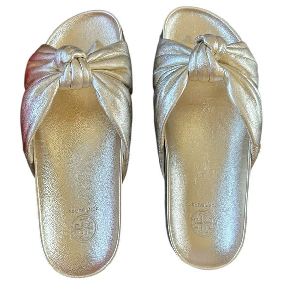 Tory Burch Spark Gold Metallic Puffy Knotted Anatomic Slide Sandals 10 NWT BOX - Picture 3 of 8